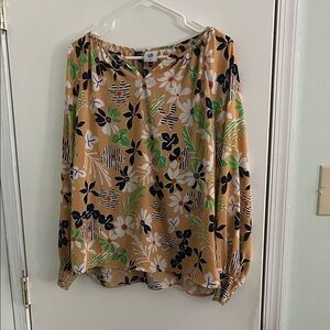 CAbi Tan and Green Floral Top